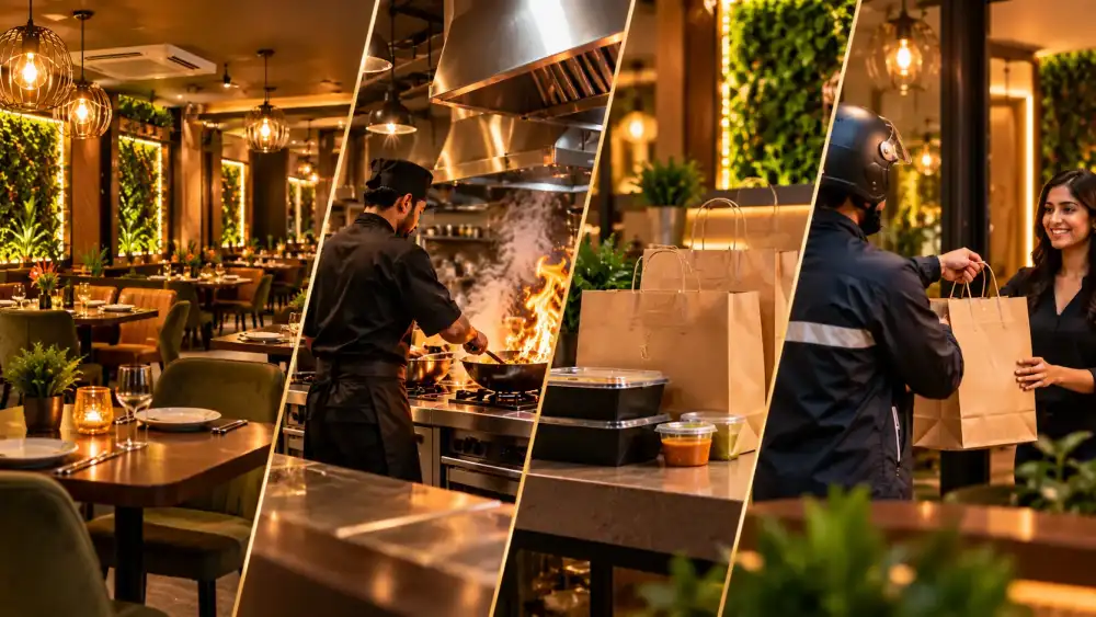 A collage showing the Appayon dining room, a chef cooking over flames, packed takeaway orders and a delivery handed to a customer