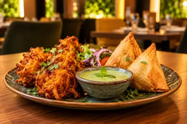 Golden samosas and onion bhajis served with mint chutney and fresh salad