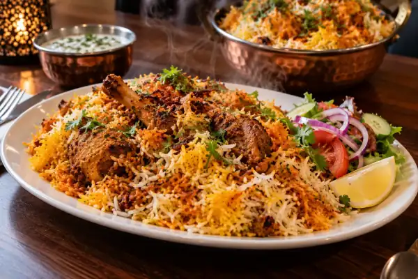 Chicken biryani on a platter with saffron-toned rice, salad and raita
