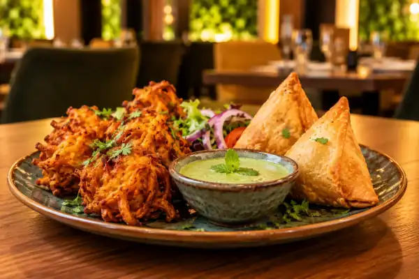 Onion bhajis and samosas with mint dip and a side salad