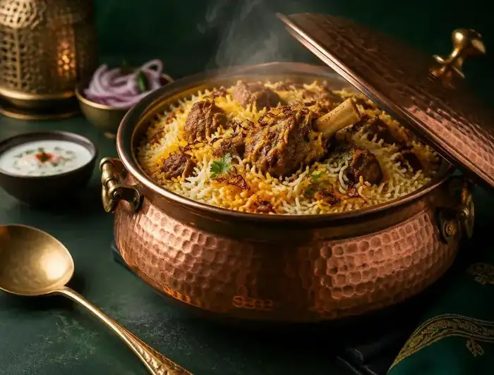 Lamb biryani served in a copper handi with raita