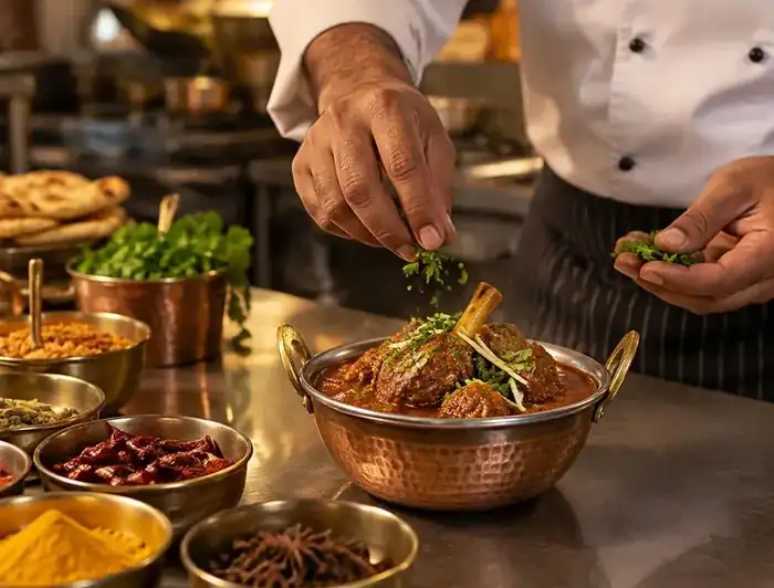 A chef finishing a copper bowl of slow-cooked lamb curry with fresh coriander