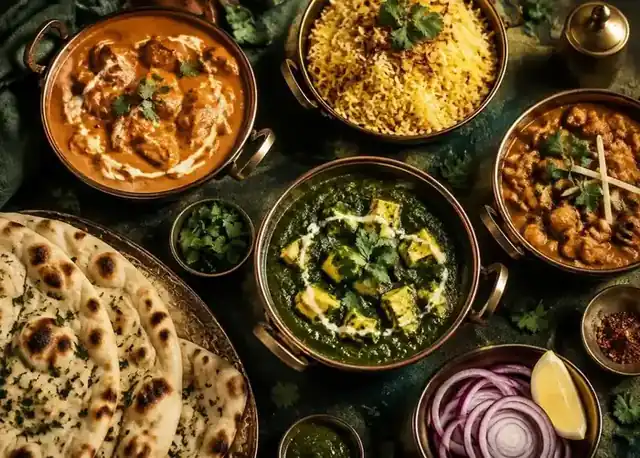 Several Indian curries in copper bowls with naan and saffron rice