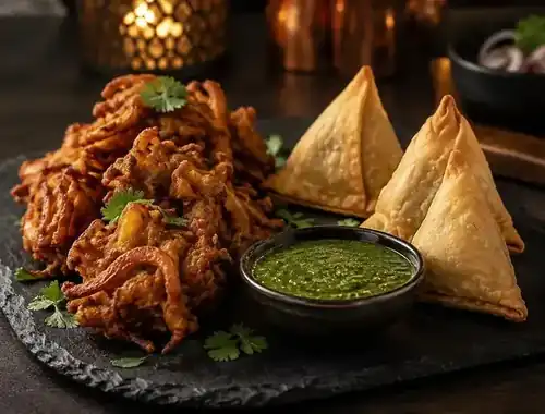 Onion bhajis and vegetable samosas served with mint chutney