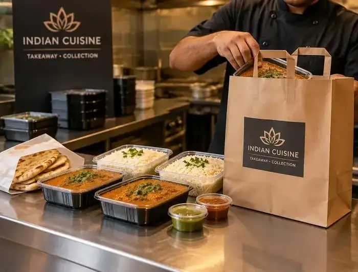 Freshly packed curry, rice and naan ready for collection