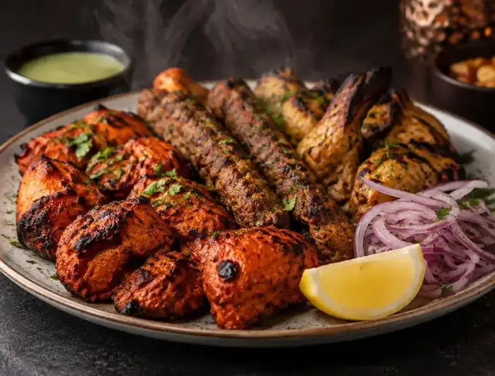 Tandoori mixed grill with chicken tikka, seekh kebab and red onion